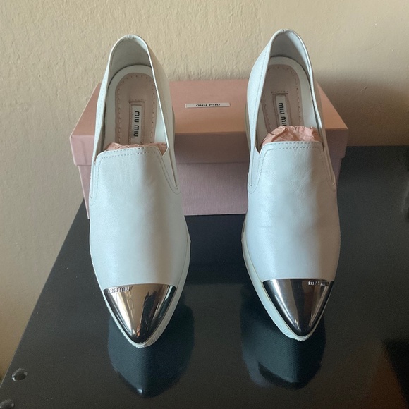 Miu Miu Prada New! ❤️ White Nappa Leather Metal Point Cap Platform Sneak… - Picture 6 of 16